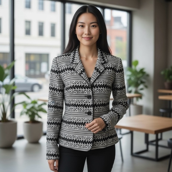 Nina McLemore 100% Silk Patterned Botton-Down Blazer Jacket, Black/Cream Size 6 - Picture 1 of 14